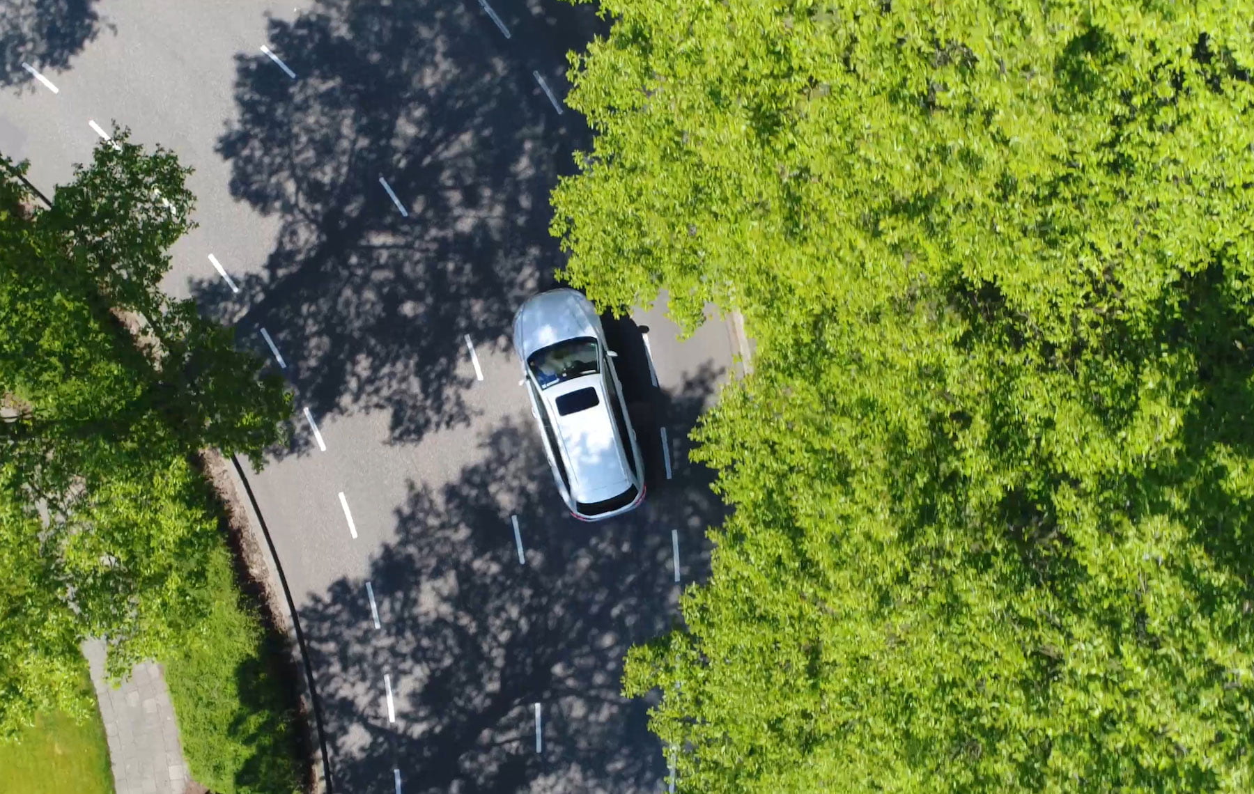 Electric vehicle driving from above with trees