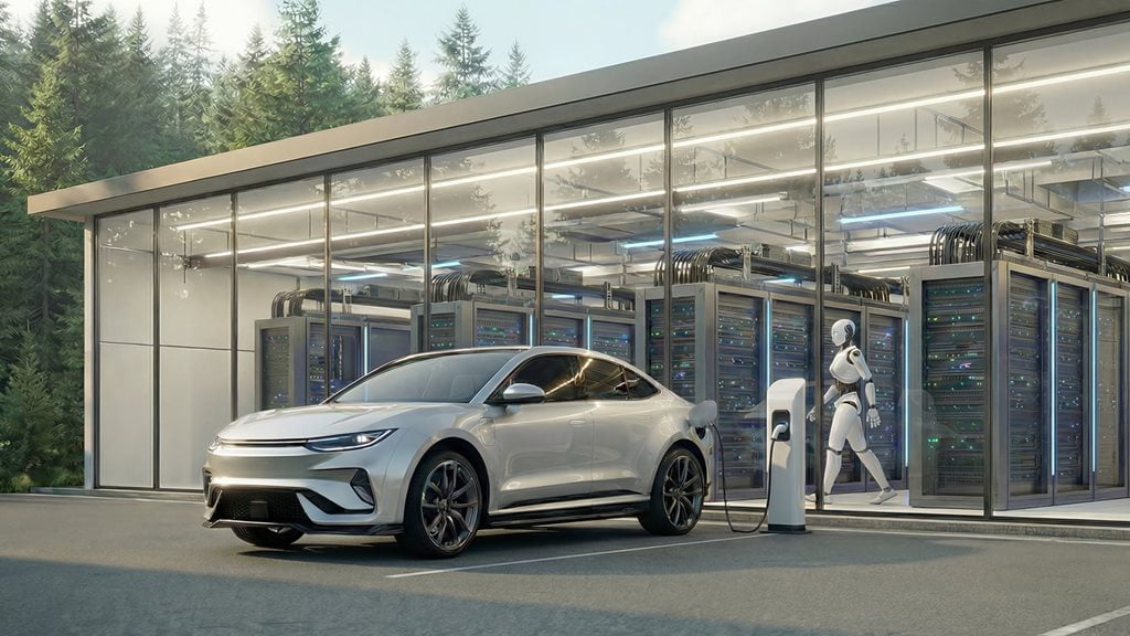 Car in front of data center with robot